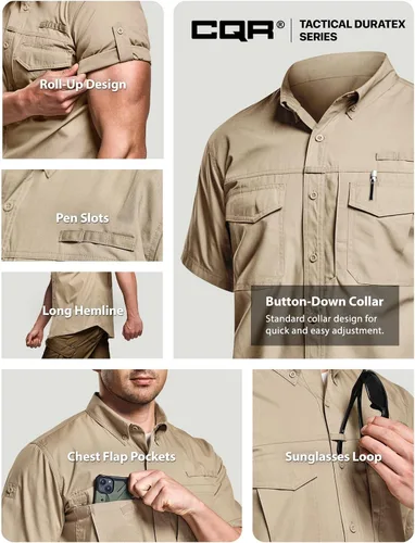 Vista 5 de CQR Camisas de trabajo de manga corta para hombre, camisetas tácticas militares Ripstop, para exteriores, UPF 50+, transpirable, para senderismo
