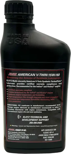 Vista 2 de Klotz American V-Twin - Lubricante de aceite sintético para motocicleta 15W-60 para Yamaha, Victory, Indian Wet Clutch y motor de transmisión