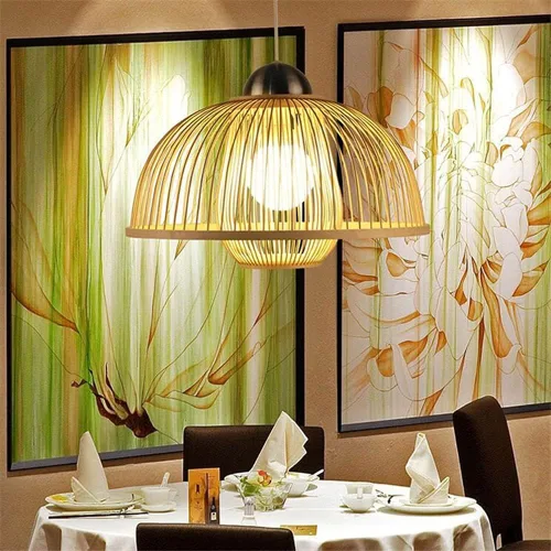 Vista 8 de Lámpara de bambú y madera de estilo chino personalidad creativa Hueco Endant Light Industrial Retro Material Natural Linterna Luz Colgante E27