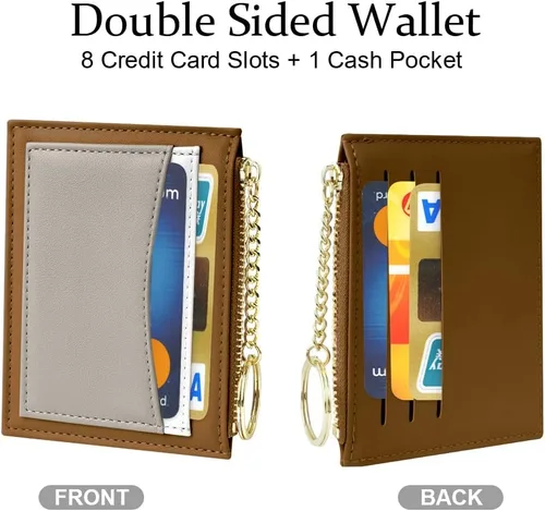 Vista 49 de URAQT Cartera para tarjetas de crédito, cartera minimalista de cuero delgado con cremallera, mini protector de tarjeta de crédito, llavero bolsillo