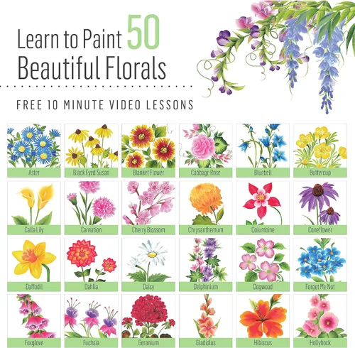 Vista 2 de FolkArt Kit de pintura floral de un trazo de la A a la Z, incluye 10 pinturas multisuperficie, 5 pinceles, 50 guías didácticas a todo color, medio