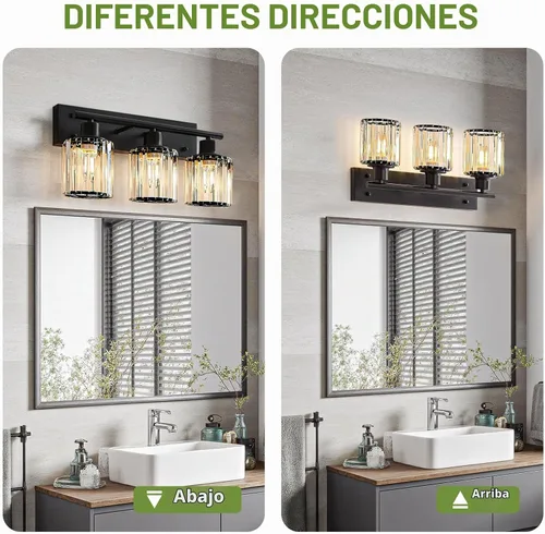 Vista 6 de Luz de tocador, 3 luces de cristal negro moderno para baño con 3 bombillas E26, luces de tocador para baño, dormitorio, sala de estar, pasillo