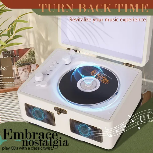 Vista 6 de RetroBeat Time Vintage - Caja de música portátil - CD con altavoces, transmisor Bluetooth, recargable, USB/AUX, regalo multimodo (blanco)