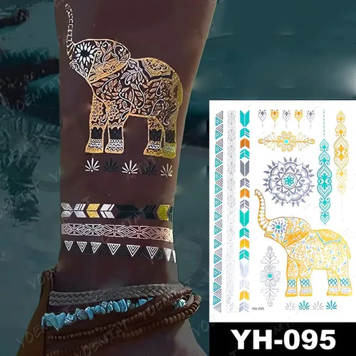 Vista 6 de 6 hojas de tatuajes temporales de henna dorada para mujeres y niñas, calcomanías de tatuaje falso de encaje, misterio sexy, mandala, flor, diseño