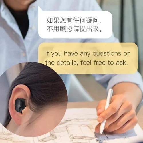 Vista 4 de PUSOKEI Auriculares Bluetooth5.0, dispositivo de traductor de idioma inteligente de un solo oído con caja de carga, traductor inteligente de más