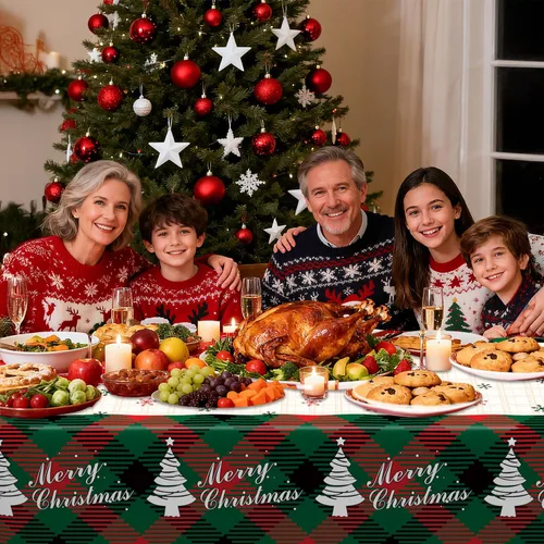 Vista 7 de Mantel de Navidad, 2 piezas de mantel de Navidad desechable para mesa rectangular, 54" x 108" de plástico con diseño de copo de nieve, árbol