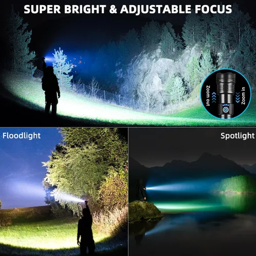 Vista 2 de Linternas de altos lúmenes recargables, linterna súper brillante, linterna táctica ajustable, linterna de 5 modos de alta potencia, linterna LED