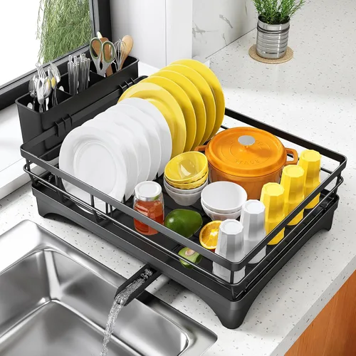 Vista 8 de SNTD Escurridor de platos para encimera de cocina - Escurridor grande con bandeja de drenaje, escurridor de platos a prueba de óxido con soporte