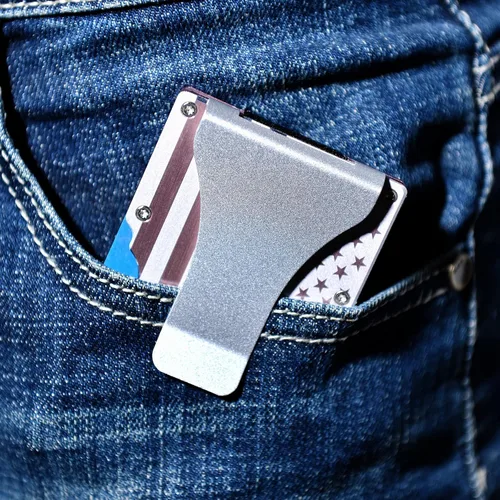 Vista 7 de Lindenle Cartera minimalista pequeña tarjetero delgado bolsillo frontal cartera RFID bloqueo clip dinero mujeres hombres, y_BrushedRoseGold Bandera