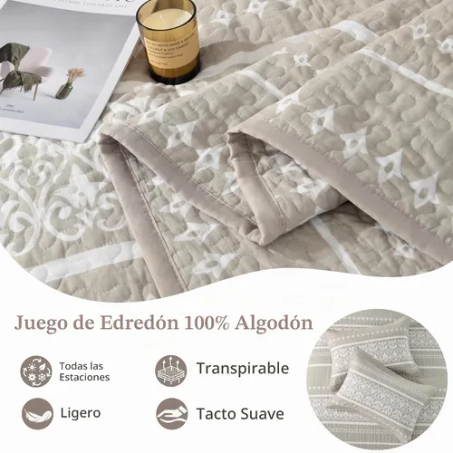 Vista 5 de Juego de edredón 100% algodón a rayas, bohemio, tamaño Queen, color beige y blanco, 3 piezas Lightweight & Soft Bedspread, Boho Style Bedding Set