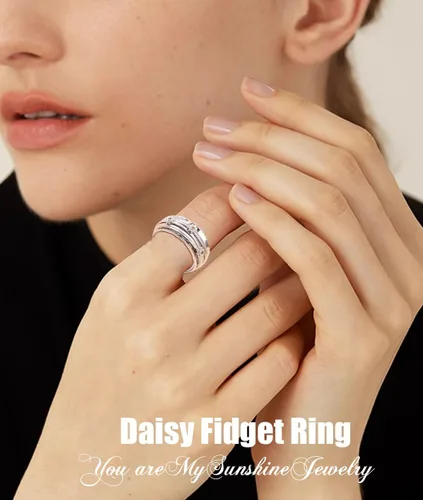 Vista 15 de Anillo giratorio para aliviar la ansiedad con margaritas You Are My Sunshine Flower Fidget Ring de plata esterlina TDAH para aliviar el estrés