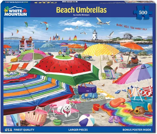 Vista 2 de White Mountain Rompecabezas de 500 piezas para verano, faro, velero, con piezas grandes, regalo para adultos de 18 x 24 pulgadas, sombrilla de playa