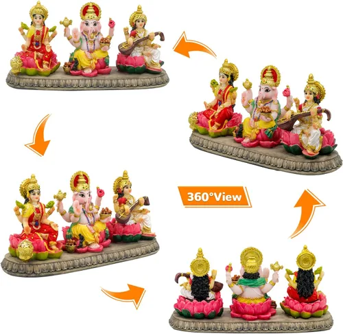 Vista 5 de BangBangDa Estatua hindú de Ganesh Lakshmi Saraswati – 3.9 pulgadas de alto Dios indio Lakshmi Ganesha Saraswati Estatuilla de ídolo hindú Diwali