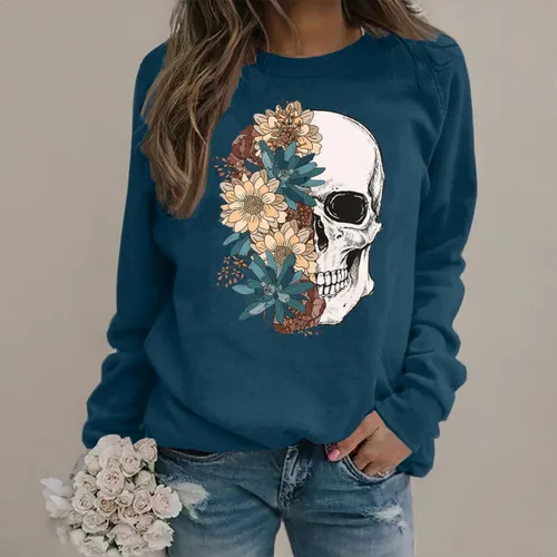 Vista 3 de Bloom Skull - Sudadera para mujer, estilo bohemio, con estampado de calavera, manga larga, cuello redondo, para otoño