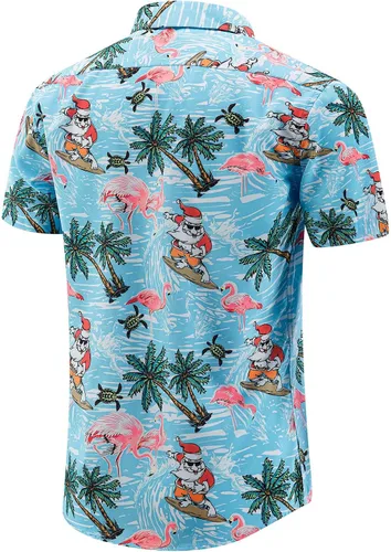 Vista 3 de GRTXIN Camisas de Navidad para hombre, camisa hawaiana de Papá Noel para vacaciones, camisas de vestir de manga corta con botones