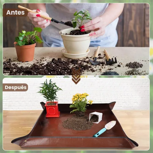Vista 2 de Tapete de trasplante de 26.8"X26.8" para plantas de interior para controlar el desorden, tapete de bandeja de jardinería plegable e impermeable 1