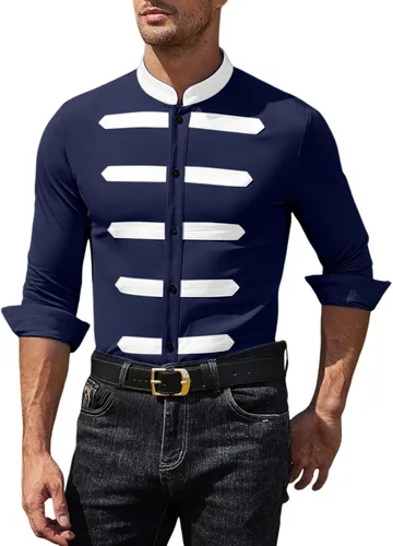 Vista 9 de Camisa de vestir para hombre, empalme elástico sin arrugas, manga larga, con botones, para playa