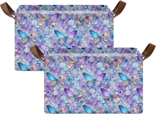 Vista 2 de Dreamlike Butterfly Purple Flowers Storage Baskets for Shelves Closet Storage Bins with Handles Shelves Closet Books for Books cajas organizadoras
