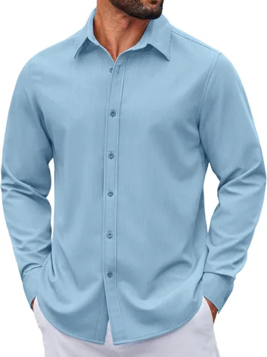 Vista 39 de COOFANDY Camisa de vestir casual de mezclilla con botones y manga larga para hombre