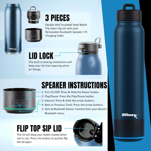 Vista 5 de Ultimaxx Botella de agua de alta calidad aislada al vacío con altavoz Bluetooth, diseño de doble pared de acero, luces, cierre de tapa, conveniente