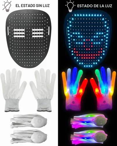 Vista 5 de Juego de 3 guantes y cordones de esqueleto con máscara LED con detección