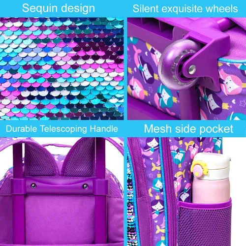 Vista 6 de 3 mochilas con ruedas para niñas, mochila escolar con ruedas y bolsa de almuerzo, sirena