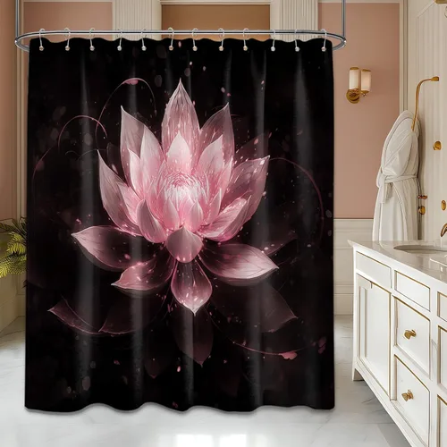 Vista 25 de Cortina de ducha con flores de loto negro y azul para decoración de baño, juego de cortinas decorativas de baño con estampado floral, tela