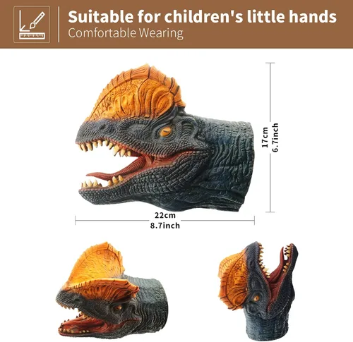 Vista 4 de Yolococa Marionetas de mano de dinosaurio, juego de marionetas de animales de látex de 3 piezas con T Rex, velociraptor y dilophosaurus para contar