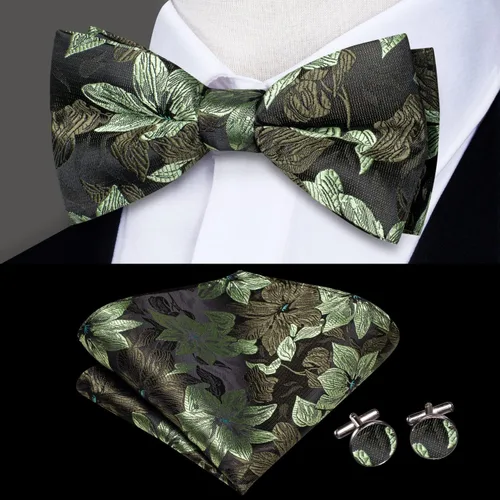Vista 2 de Hi-Tie Pajaritas preatadas para hombre, corbatines de seda y gemelos cuadrados de bolsillo, juego de gemelos para hombre, boda, fiesta, formal
