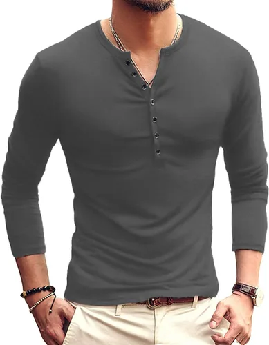 Vista 7 de YTD - Camiseta de manga larga Henley básica ajustada para hombre, estilo casual