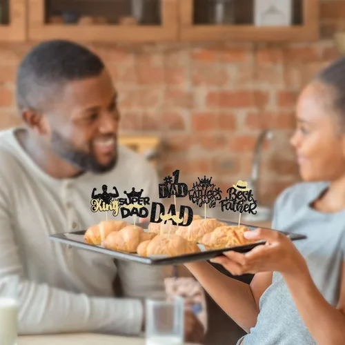 Vista 5 de Gyufise 24 adornos para cupcakes con purpurina para el Día del Padre, diseño de bigote con purpurina, para papá, mejor papá, herramienta