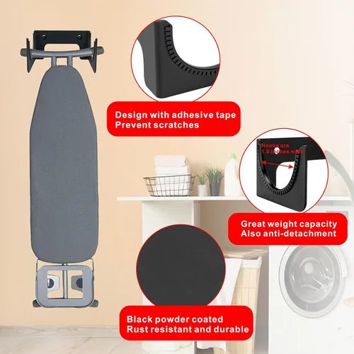 Vista 4 de Soporte para tabla de planchar para montaje en pared, gancho oculto para tabla de planchar con pierna en T para cuarto de servicio, cuartos