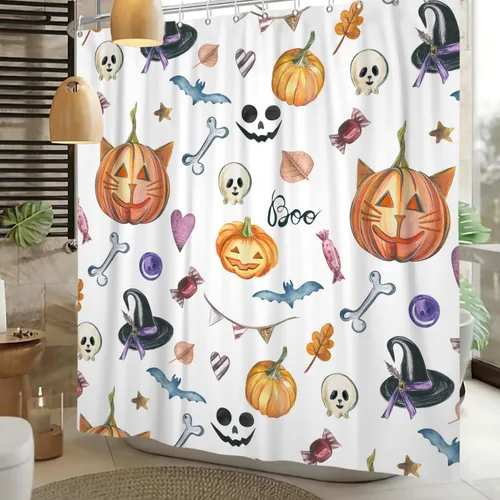Vista 11 de Cortina de ducha divertida de Halloween, espeluznante y bonita, fantasma, calabazas, murciélagos, cortina de baño para niños, decoración