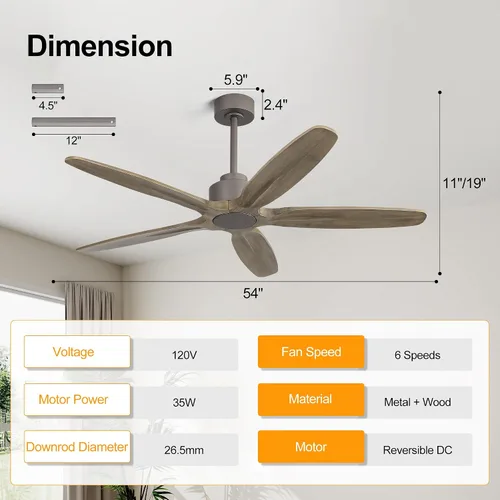 Vista 3 de WINGBO Ventilador de techo de 54 pulgadas sin luz, 5 aspas de madera maciza tallada, motor CC reversible de 6 velocidades, ventilador de techo