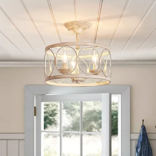 Vista 2 de LOOYD Lámpara de techo semiempotrada de 3 luces, lámpara de techo de granja para cocina, dormitorio, sala de estar, cocina, pasillo (beige vintage)
