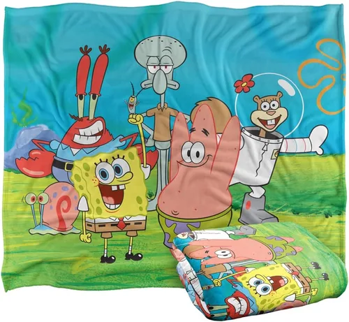 Vista 8 de Manta de Bob Esponja, 36 x 58 pulgadas, Bob Esponja, Grupo de Personajes, Tacto Sedoso, Manta Súper Suave