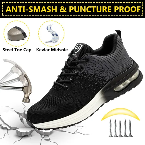 Vista 2 de Zapatos con punta de acero para hombres y mujeres, ligeros, cómodos, indestructibles, antideslizantes, zapatos de seguridad con cojín de aire