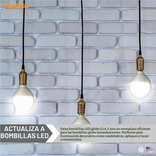 Vista 5 de Sunlite Bombilla LED G16.5, 7 vatios (equivalente a 60 W), 500 lúmenes, regulable, base de candelabro tipo G en forma de globo E12, bombillas Blanco