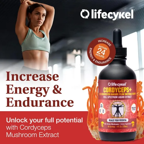 Vista 2 de Life Cykel Cordyceps - Extracto de hongo con ciruela Kakadu, apoyo de energía, resistencia y vitalidad, suplemento natural para el envejecimiento