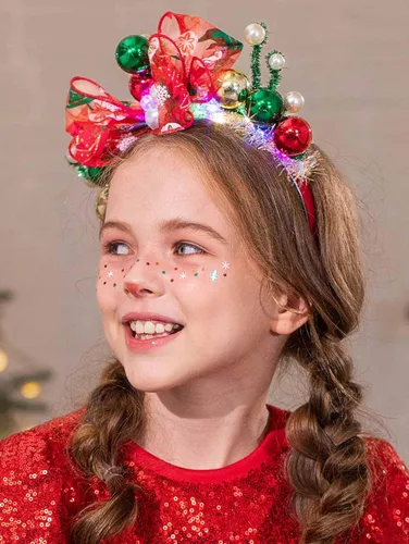 Vista 5 de Latious Diadema de bolas de Navidad iluminadas, diadema LED con lazo de Navidad, lazo de Santa brillante, aro para el pelo, accesorios