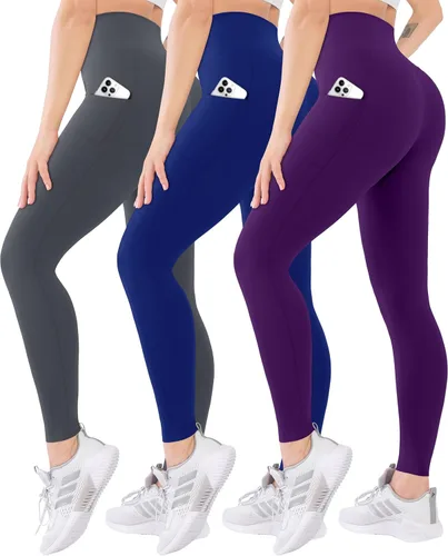 Vista 24 de Blisset - Paquete de 3 leggings de cintura alta para mujer con bolsillos, pantalones suaves y activos para control de abdomen, ideales para yoga