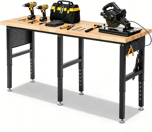 Vista 11 de ENJOYWOOD Banco de trabajo resistente de 41 pulgadas, banco de trabajo de altura ajustable con parte superior de madera de caucho maciza, mesa