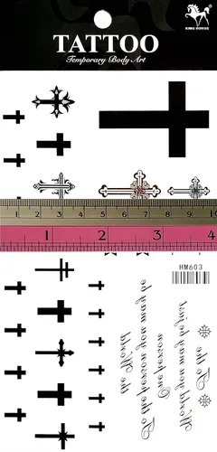 Vista 2 de Juego de 2 hojas cruzadas de crucifijo temporal tatuajes para hombres y mujeres, decoración de diseño, cuerpo sexy, suministros falsos para fiestas