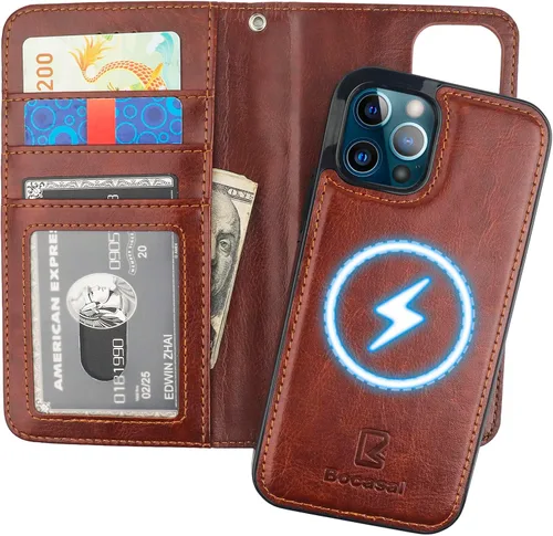 Vista 8 de Bocasal Funda tipo cartera compatible con iPhone 12 e iPhone 12 Pro con soporte para tarjetas de cuero PU magnética desmontable con soporte plegable