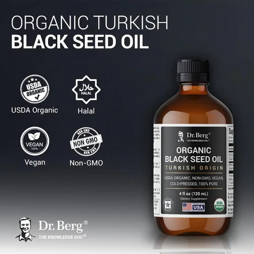 Vista 2 de Dr. Berg Aceite de Semilla Negra Orgánico Prensado en Frío – Puro Aceite de Nigella Sativa de Comino Negro – USDA Orgánico, Halal, Vegano