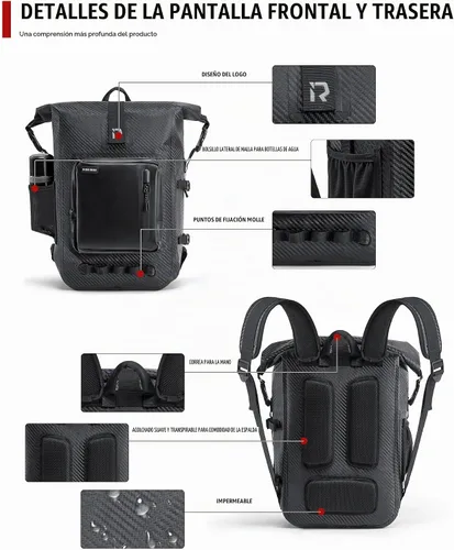 Vista 3 de RIDEIRON Mochila impermeable para motocicleta, bolsa seca con cierre superior enrollable para kayak, viajes, surf, navegación Fibra de carbono