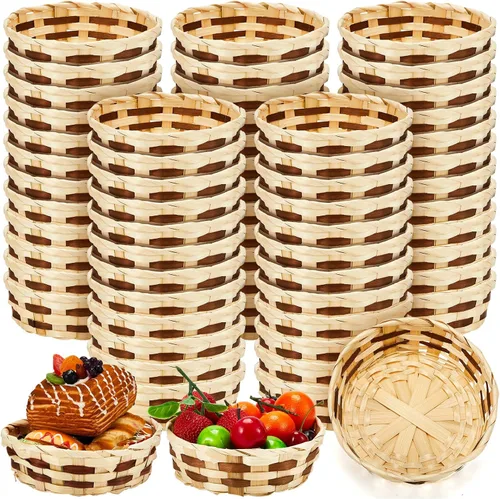 Vista 11 de Sintuff Paquete de 1 cesta redonda tejida de regalo, canastas de bambú para decoración, de mimbre, tortilla, pan, fruta, apilable