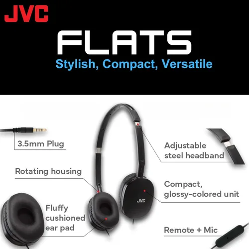 Vista 2 de JVC Flats - Auriculares plegables y coloridos con control remoto y micrófono, 3.94 pies, chapado en oro de 0.138 in, enchufe delgado, HAS160MA