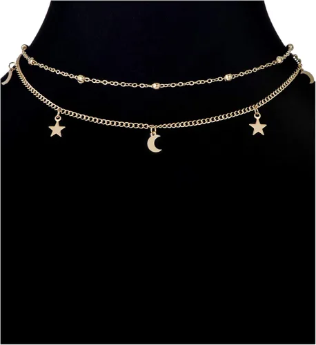 Vista 4 de Ofeiyaa - Juego de 12 piezas con cadena de oro, collar de cuentas de moneda, luna, estrella, dije de perla, gargantilla de cadena multicapa
