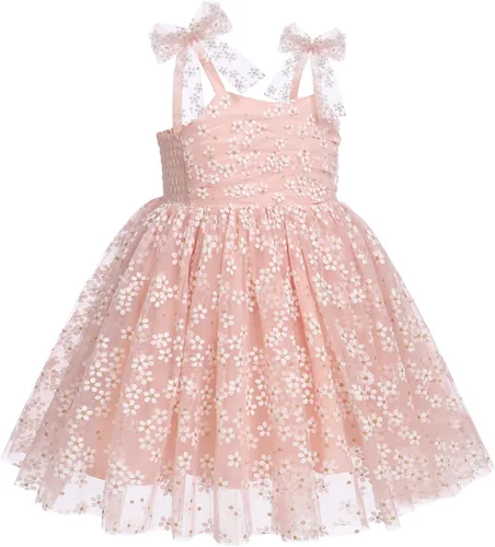 Vista 2 de ODASDO Vestido de fiesta de cumpleaños para niñas pequeñas, con lazo, tirantes delgados, tutú de tul, vestido de princesa, concurso de fiesta